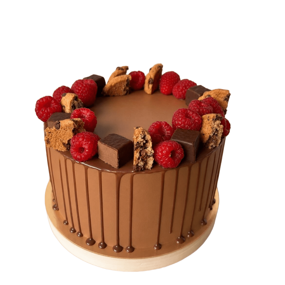 The Sweet Chaos Cake — a dark-chocolate drip cake crowned with raspberries, cookies and chocolate shards